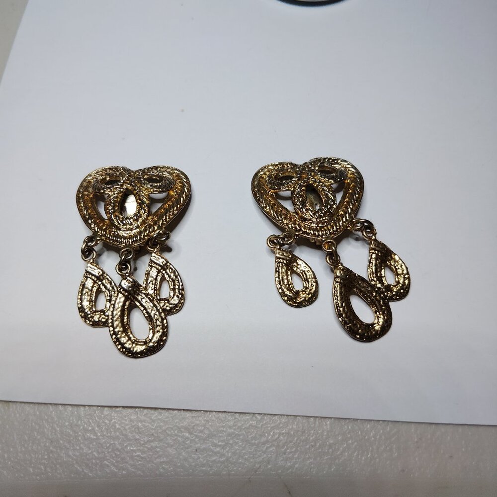 Vintage Gold Tone Heart Clip-On Earrings with Dangles 2" Statement